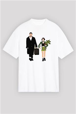 Leon Baskılı Beyaz Unisex Oversize Tişört - Tshirt