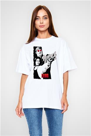 Leon Baskılı Beyaz Unisex Oversize Tişört - Tshirt