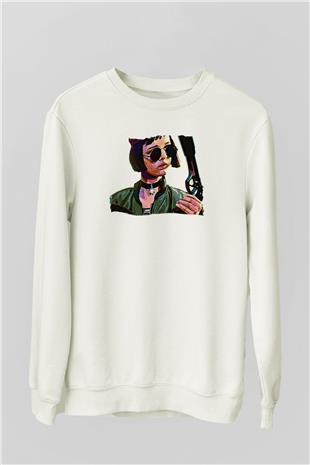 Leon Baskılı Beyaz Unisex Sweatshirt
