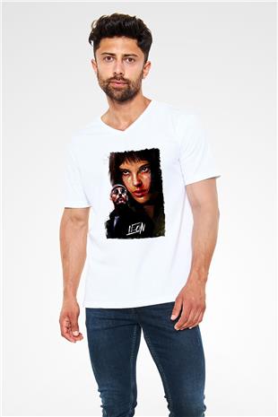 Leon Baskılı Beyaz Unisex V Yaka Tişört - Tshirt