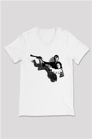 Leon Baskılı Beyaz Unisex V Yaka Tişört - Tshirt