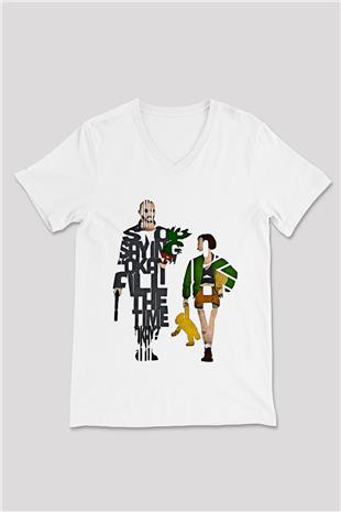 Leon Baskılı Beyaz Unisex V Yaka Tişört - Tshirt