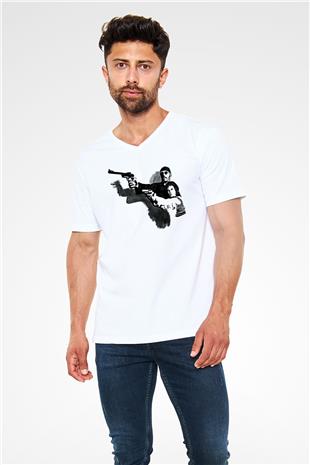 Leon Baskılı Beyaz Unisex V Yaka Tişört - Tshirt