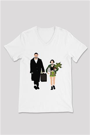Leon Baskılı Beyaz Unisex V Yaka Tişört - Tshirt