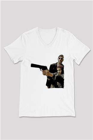 Leon Baskılı Beyaz Unisex V Yaka Tişört - Tshirt