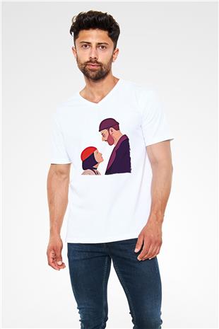 Leon Baskılı Beyaz Unisex V Yaka Tişört - Tshirt