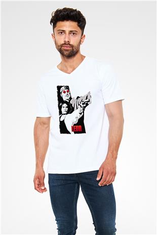 Leon Baskılı Beyaz Unisex V Yaka Tişört - Tshirt
