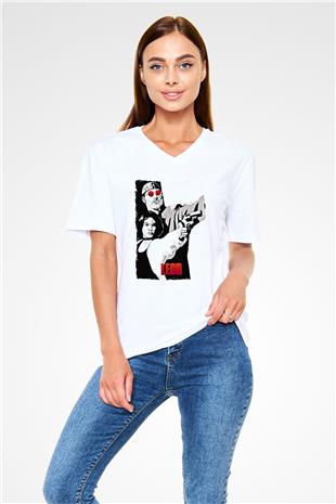 Leon Baskılı Beyaz Unisex V Yaka Tişört - Tshirt