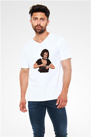 Leon Baskılı Beyaz Unisex V Yaka Tişört - Tshirt