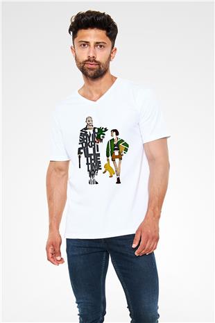 Leon Baskılı Beyaz Unisex V Yaka Tişört - Tshirt