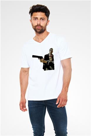 Leon Baskılı Beyaz Unisex V Yaka Tişört - Tshirt