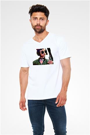 Leon Baskılı Beyaz Unisex V Yaka Tişört - Tshirt