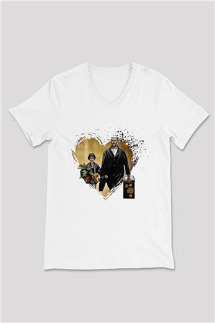 Leon Baskılı Beyaz Unisex V Yaka Tişört - Tshirt