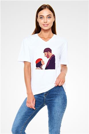 Leon Baskılı Beyaz Unisex V Yaka Tişört - Tshirt