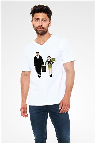 Leon Baskılı Beyaz Unisex V Yaka Tişört - Tshirt