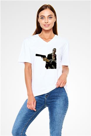 Leon Baskılı Beyaz Unisex V Yaka Tişört - Tshirt