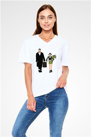 Leon Baskılı Beyaz Unisex V Yaka Tişört - Tshirt