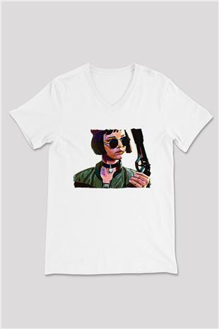 Leon Baskılı Beyaz Unisex V Yaka Tişört - Tshirt