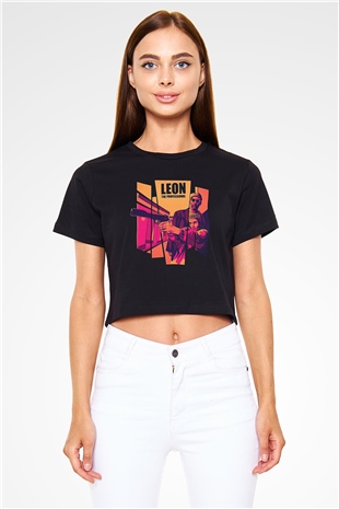 Leon Baskılı Siyah Crop Top Kadın Tişört - Tshirt