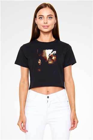 Leon Baskılı Siyah Crop Top Kadın Tişört - Tshirt