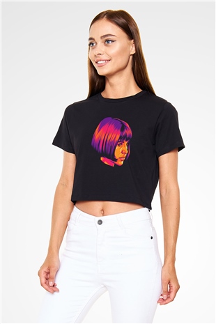 Leon Baskılı Siyah Crop Top Kadın Tişört - Tshirt