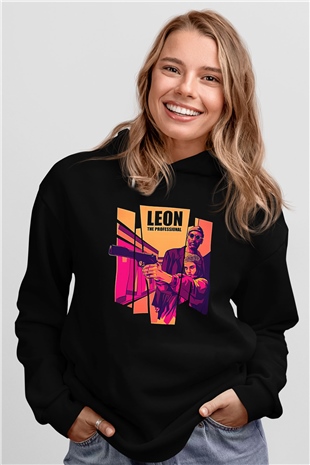 Leon Baskılı Unisex Siyah Hoodie