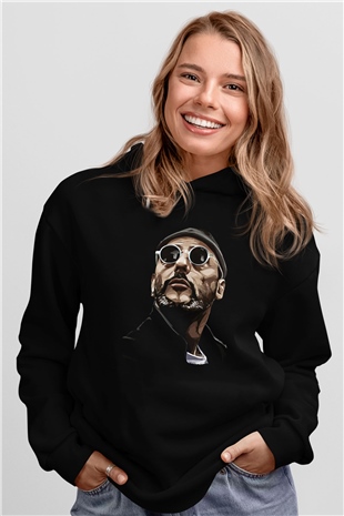 Leon Baskılı Unisex Siyah Hoodie