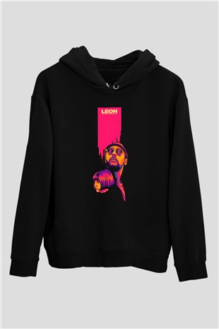 Leon Baskılı Unisex Siyah Hoodie