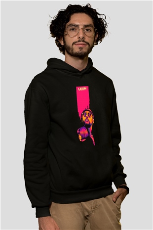 Leon Baskılı Unisex Siyah Hoodie