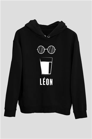 Leon Baskılı Unisex Siyah Hoodie