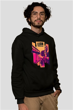 Leon Baskılı Unisex Siyah Hoodie