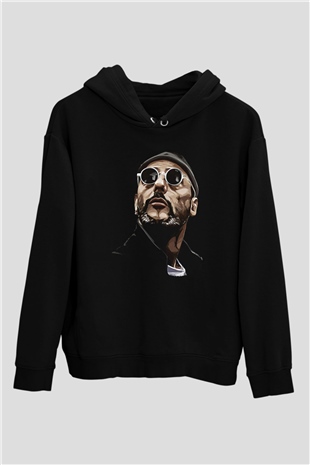 Leon Baskılı Unisex Siyah Hoodie