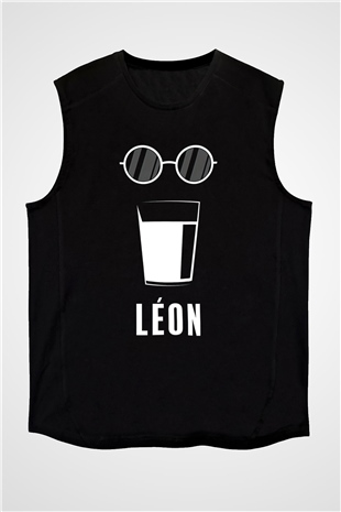 Leon Baskılı Unisex Siyah Kolsuz Tişört - Tshirt