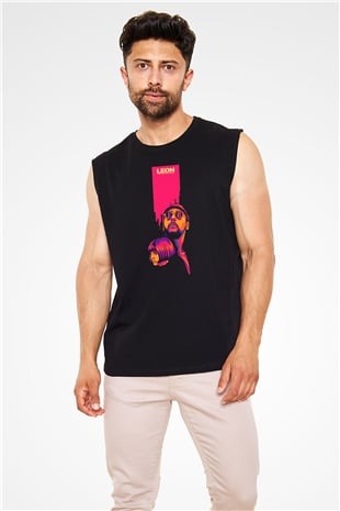 Leon Baskılı Unisex Siyah Kolsuz Tişört - Tshirt