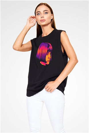 Leon Baskılı Unisex Siyah Kolsuz Tişört - Tshirt