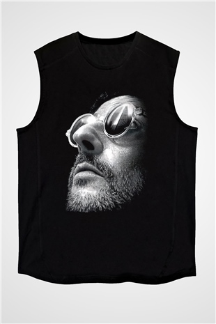 Leon Baskılı Unisex Siyah Kolsuz Tişört - Tshirt