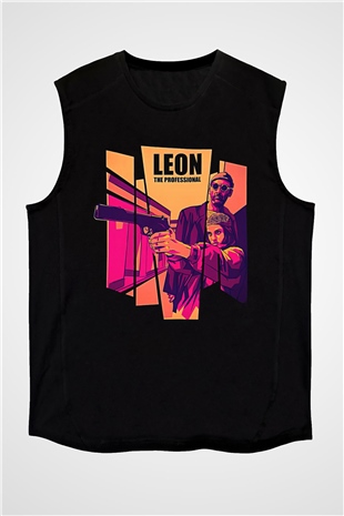 Leon Baskılı Unisex Siyah Kolsuz Tişört - Tshirt