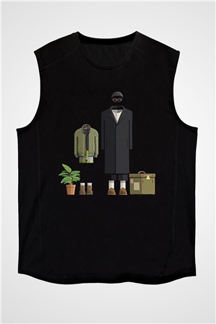 Leon Baskılı Unisex Siyah Kolsuz Tişört - Tshirt