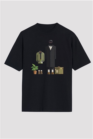 Leon Baskılı Unisex Siyah Oversize Tişört - Tshirt