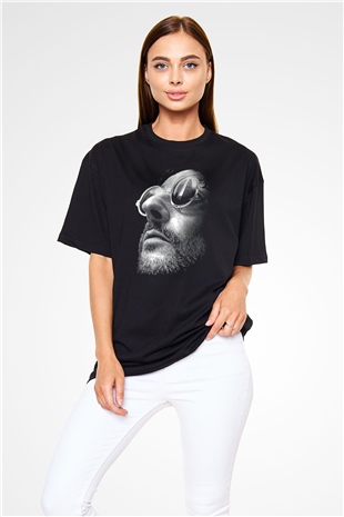 Leon Baskılı Unisex Siyah Oversize Tişört - Tshirt