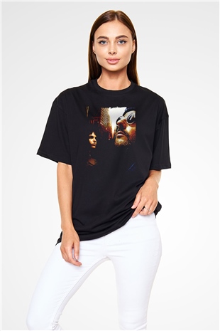 Leon Baskılı Unisex Siyah Oversize Tişört - Tshirt