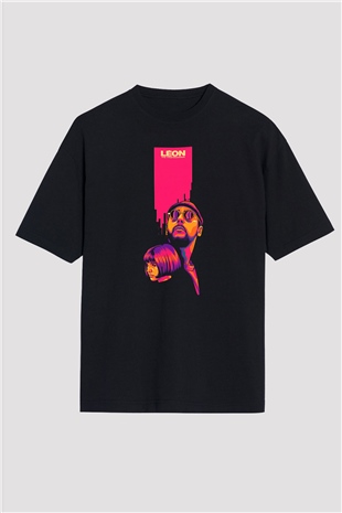 Leon Baskılı Unisex Siyah Oversize Tişört - Tshirt