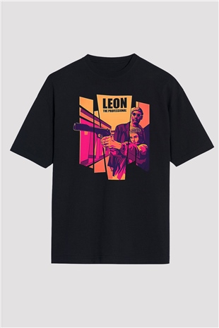Leon Baskılı Unisex Siyah Oversize Tişört - Tshirt