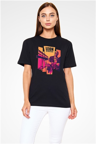 Leon Baskılı Unisex Siyah Tişört - Tshirt
