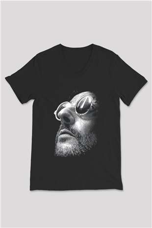Leon Baskılı Unisex Siyah V Yaka Tişört - Tshirt