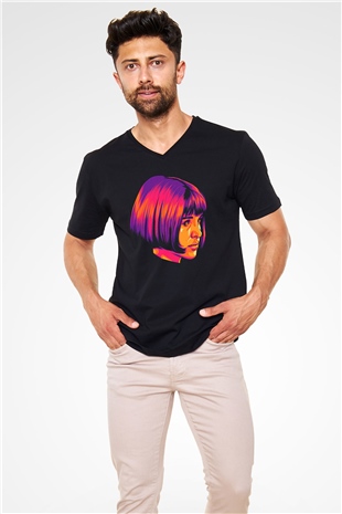 Leon Baskılı Unisex Siyah V Yaka Tişört - Tshirt