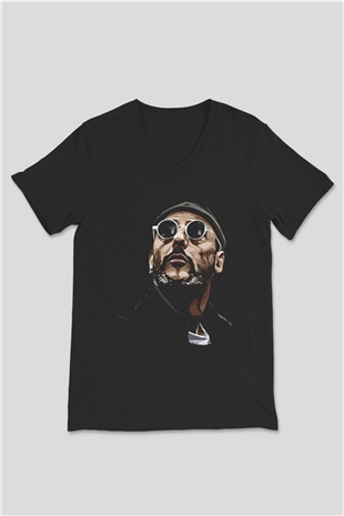 Leon Baskılı Unisex Siyah V Yaka Tişört - Tshirt