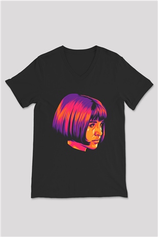 Leon Baskılı Unisex Siyah V Yaka Tişört - Tshirt