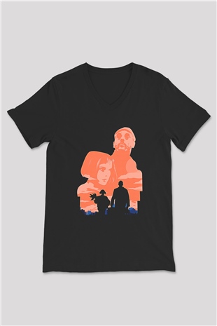 Leon Baskılı Unisex Siyah V Yaka Tişört - Tshirt