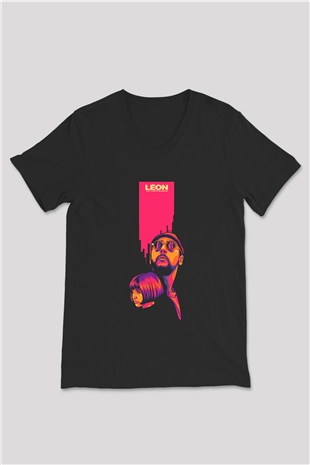 Leon Baskılı Unisex Siyah V Yaka Tişört - Tshirt